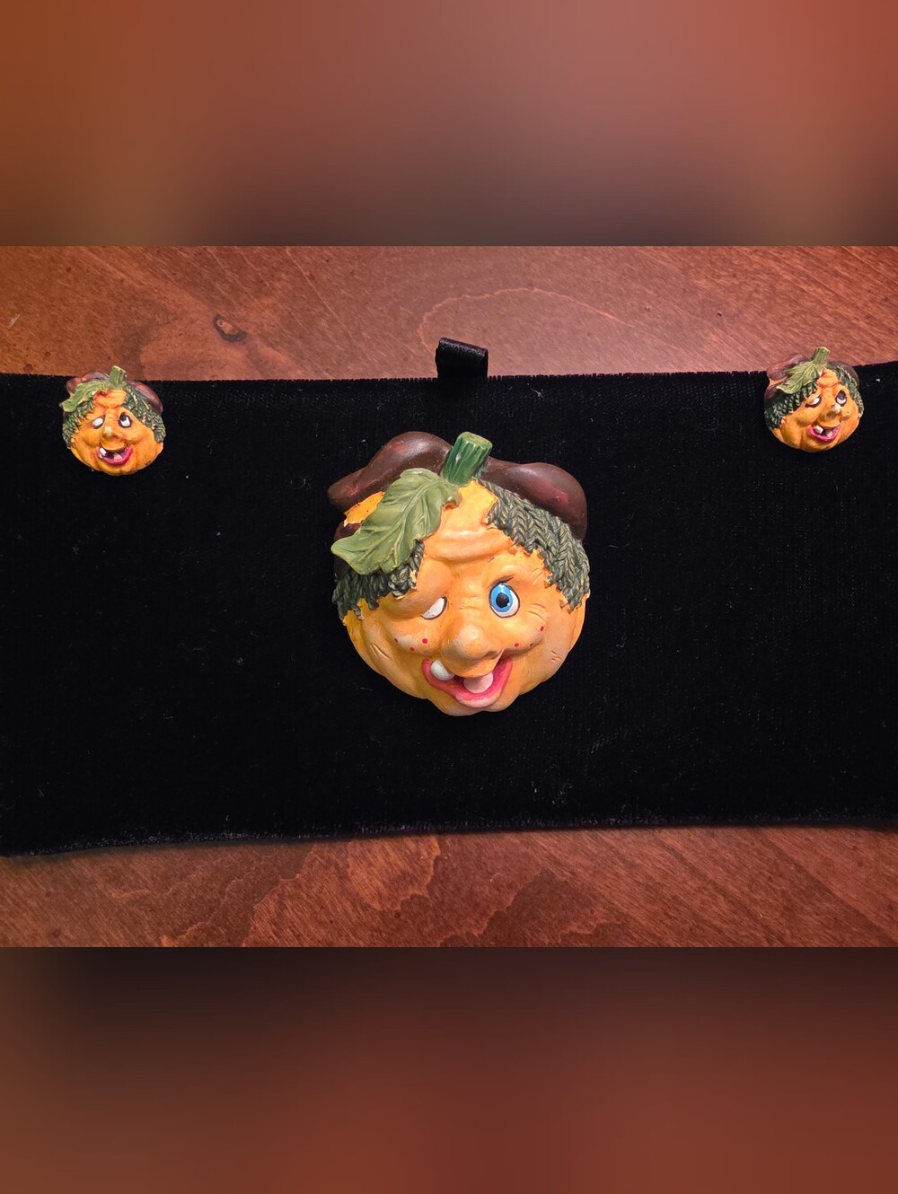 Vintage Playful Orange Pumpkin Face Brooch and Earring Set for Women Or Girls